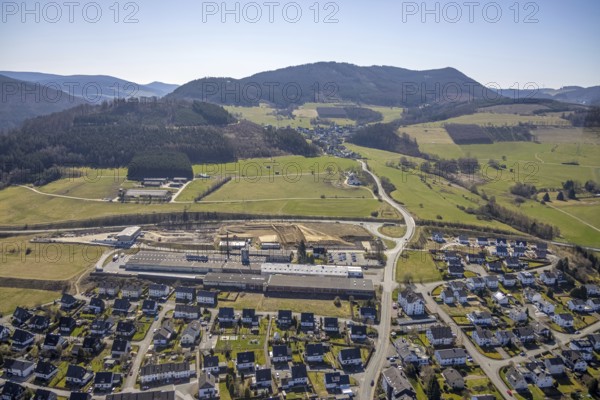 Aerial view, construction site at Körling GmbH, Hans-Körling-Straße, Bigge, Olsberg, Sauerland, North Rhine-Westphalia, Germany, construction area, construction site, building plots, construction project, construction site, DE, Europe, commercial enterprises, commercial area, commercial use, industrial area, industrial site, aerial photograph, aerial photography, aerial photography, overview, bird's-eye view, bird's-eye view, overview