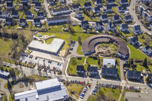 Aerial photograph, Josefsheim Bigge, nursing home, vocational training centre, curative education kindergarten Sonnenschein, Bigge, Olsberg, Sauerland, North Rhine-Westphalia, Germany, care and nursing, DE, Europe, healthcare, curative education kindergarten, Josefs-Brauerei, kindergarten, day care centre, day care centre, day nursery, day care centre, aerial view, aerial photography, aerial photography, medical facility, emergency service, Pappelallee, care facility, retirement home, overview, bird's eye view, workshop for disabled people, birds-eyes view, overview, medical care