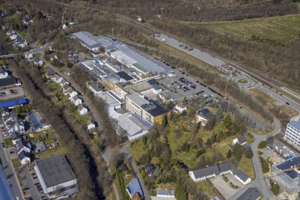 Aerial view, Oventrop Armaturen Werk, Bigge, Olsberg, Sauerland, North Rhine-Westphalia, Germany, DE, Europe, commercial enterprises, commercial area, commercial location, commercial use, industrial area, industrial location, aerial photograph, aerial photography, aerial photography, overview, bird's-eye view, birds-eyes view, overview