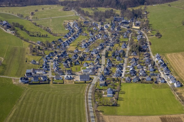 Aerial view, Hotel and Castle Gevelinghausen, St. Maria Magdalena Church, Gevelinghausen, Olsberg, Sauerland, North Rhine-Westphalia, Germany, place of worship, DE, Europe, gastronomy, religious community, place of worship, holy site, hotel, hotel facilities, hotel business, church, church community, denomination, aerial view, aerial photography, aerial photography, religion, religious site, castle, castle Gevelinghausen, overview, bird's eye view, birds-eyes view, overview