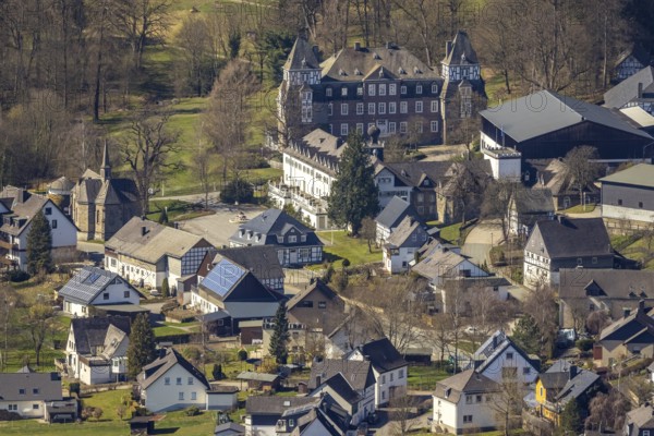 Aerial view, Hotel and Castle Gevelinghausen, St. Maria Magdalena Church, Gevelinghausen, Olsberg, Sauerland, North Rhine-Westphalia, Germany, place of worship, DE, Europe, gastronomy, religious community, place of worship, holy site, hotel, hotel facilities, hotel business, church, church community, denomination, aerial view, aerial photography, aerial photography, religion, religious site, castle, castle Gevelinghausen, overview, bird's eye view, birds-eyes view, overview