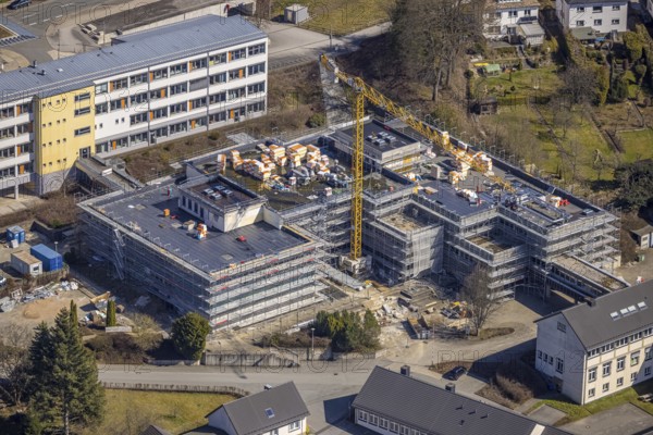 Aerial photo, construction site at the Berufskolleg Olsberg des HSK, Olsberg, Sauerland, North Rhine-Westphalia, Germany, construction work, construction area, construction site, construction project, construction site, education, educational institution, DE, Europe, college school, teaching institute, aerial photo, aerial photography, aerial photography, school, overview, bird's-eye view, bird's-eye view, overview