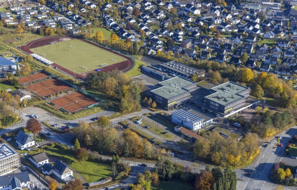 Aerial view, Schmallenberg Municipal Grammar School and sports field in the district of Wormbach in Schmallenberg, Sauerland, North Rhine-Westphalia, Germany, education, educational institution, DE, Europe, football pitch, football stadium, grammar school, educational institute, aerial view, aerial photography, aerial photography, Schmallenberg, school, Schule am Wilzenberg, school centre, sports facilities, sports field, sports facility, stadium, tennis, tennis facility, tennis courts, overview, bird's-eye view, bird's-eye view, overview