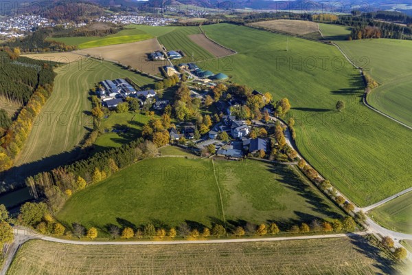 Aerial view, village Ebbinghof with family hotel Ebbinghof in the district Wormbach in Schmallenberg, Sauerland, North Rhine-Westphalia, Germany, biogas plant, DE, Europe, gastronomy, hotel, hotel facilities, hotel business, aerial photograph, aerial photography, aerial photography, Schmallenberg, overview, bird's-eye view, birds-eyes view, overview