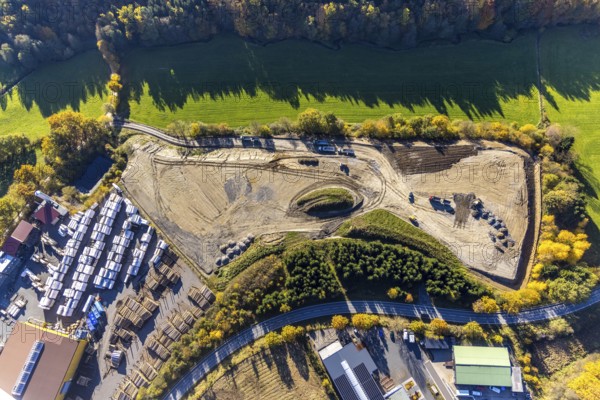 Aerial view, construction sites in the industrial area at the federal road B511 in the district Wormbach in Schmallenberg, Sauerland, North Rhine-Westphalia, Germany, construction work, construction area, building site, building plots, construction project, construction site, Buchenweg, Bäumesiedlung, tree road names, DE, Eschenweg, Europe, Fichtenweg, commercial enterprises, commercial area, commercial site, commercial use, industrial area, industrial site, aerial photograph, aerial photography, aerial photography, Schmallenberg, overview, bird's-eye view, birds-eyes view, overview