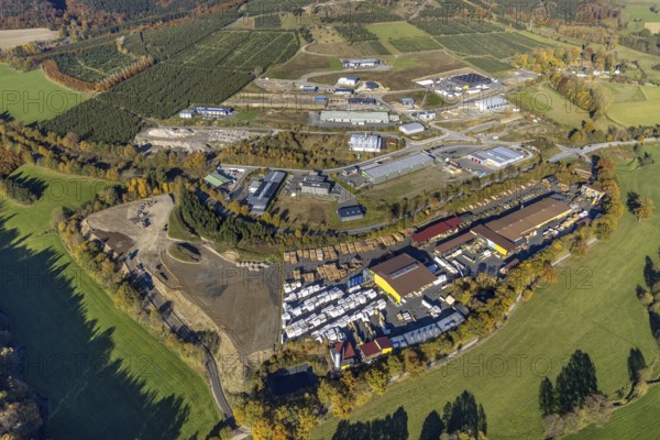 Aerial view, construction sites in the industrial area at the federal road B511 in the district Wormbach in Schmallenberg, Sauerland, North Rhine-Westphalia, Germany, construction work, construction area, building site, building plots, construction project, construction site, Buchenweg, Bäumesiedlung, tree road names, DE, Eschenweg, Europe, Fichtenweg, commercial enterprises, commercial area, commercial site, commercial use, industrial area, industrial site, aerial photograph, aerial photography, aerial photography, Schmallenberg, overview, bird's-eye view, birds-eyes view, overview