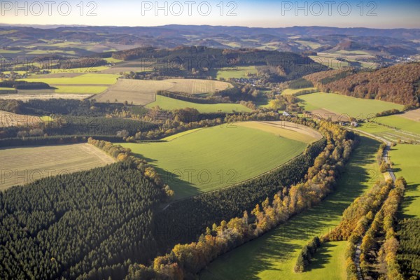 Aerial view, meadows and fields in a hilly landscape in the district of Berghausen in Schmallenberg, Sauerland, North Rhine-Westphalia, Germany, DE, Europe, hilly landscape, aerial view, aerial photography, aerial photography, Schmallenberg, overview, bird's-eye view, meadows and fields, birds-eyes view, overview