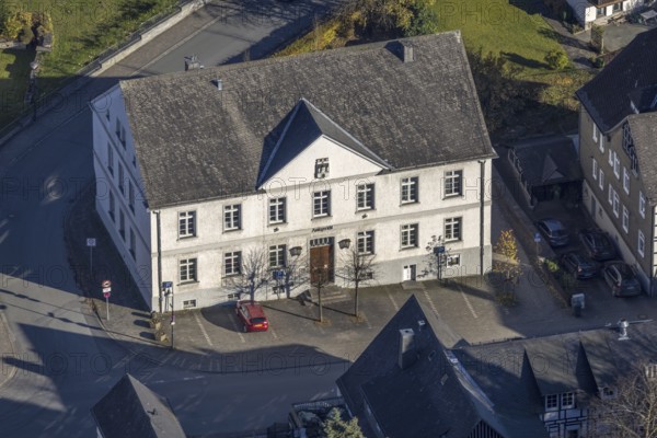 Aerial view, district court and court museum Bad Fredeburg in the district Fredeburg in Schmallenberg, Sauerland, North Rhine-Westphalia, Germany, district court, authority, DE, Europe, court, justice, criminal history, aerial photograph, aerial photography, aerial photography, museum, Schmallenberg, overview, bird's eye view, birds-eyes view, overview