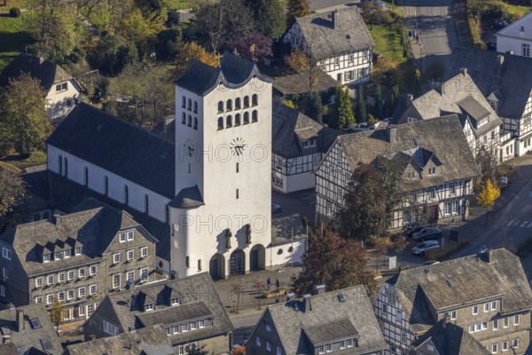 Aerial view, catholic parish church St. Georg in the district Fredeburg in Schmallenberg, Sauerland, North Rhine-Westphalia, Germany, place of worship, DE, Europe, half-timbered houses, religious community, place of worship, holy place, church, parish, denomination, aerial view, aerial photography, aerial photography, religion, religious site, Schmallenberg, overview, bird's-eye view, birds-eyes view, overview
