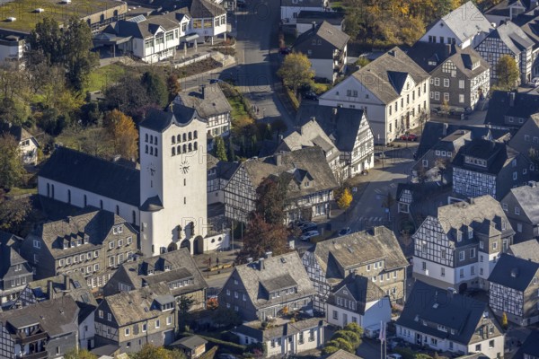 Aerial view, catholic parish church St. Georg in the district Fredeburg in Schmallenberg, Sauerland, North Rhine-Westphalia, Germany, place of worship, DE, Europe, half-timbered houses, religious community, place of worship, holy place, church, parish, denomination, aerial view, aerial photography, aerial photography, religion, religious site, Schmallenberg, overview, bird's-eye view, birds-eyes view, overview