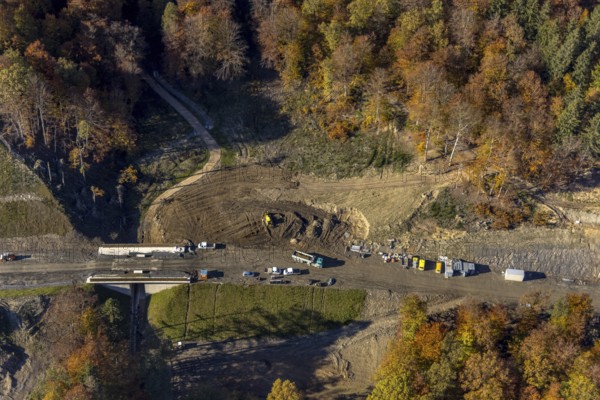 Aerial view, construction site and new construction of the bypass road L776n in the district Fredeburg in Schmallenberg, Sauerland, North Rhine-Westphalia, Germany, construction work, construction, construction area, building site, building plots, construction measure, construction project, construction site, DE, Europe, aerial view, aerial photography, aerial photography, new construction, Schmallenberg, road construction work, road construction measure, overview, bird's eye view, overview