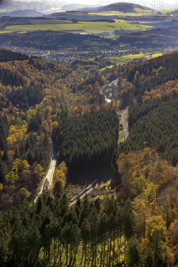 Aerial view, construction site and new construction of the bypass road L776n in the district Fredeburg in Schmallenberg, Sauerland, North Rhine-Westphalia, Germany, construction work, construction, construction area, building site, building plots, construction measure, construction project, construction site, DE, Europe, aerial view, aerial photography, aerial photography, new construction, Schmallenberg, road construction work, road construction measure, overview, bird's eye view, overview