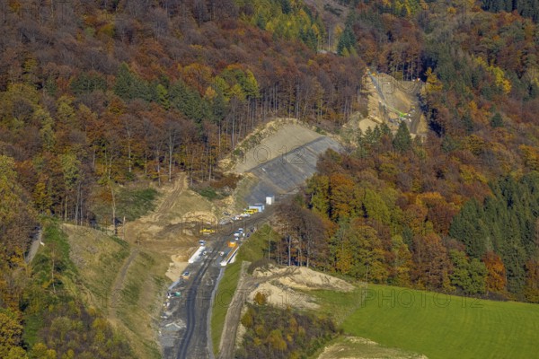 Aerial view, construction site and new construction of the bypass road L776n in the district Fredeburg in Schmallenberg, Sauerland, North Rhine-Westphalia, Germany, construction work, construction, construction area, building site, building plots, construction measure, construction project, construction site, DE, Europe, aerial view, aerial photography, aerial photography, new construction, Schmallenberg, road construction work, road construction measure, overview, bird's eye view, overview