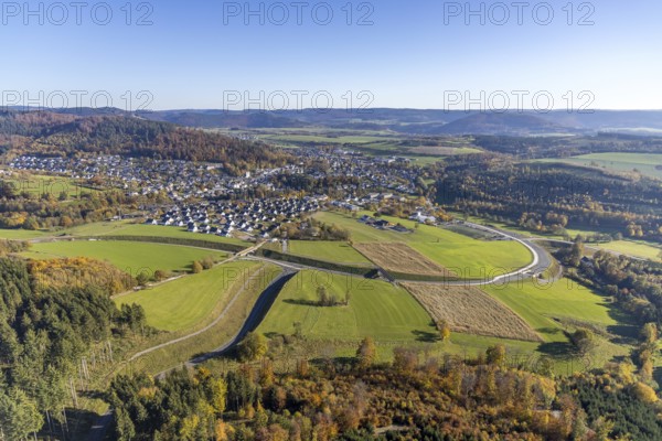 Aerial view, construction site and new construction of the bypass road L776n in the district Fredeburg in Schmallenberg, Sauerland, North Rhine-Westphalia, Germany, construction work, construction, construction area, building site, building plots, construction measure, construction project, construction site, DE, Europe, aerial view, aerial photography, aerial photography, new construction, Schmallenberg, road construction work, road construction measure, overview, bird's eye view, overview