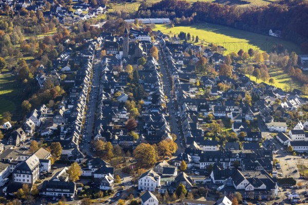 Aerial view, residential area between Oststraße and Weststraße with the catholic St.Alexander Church in Schmallenberg, Sauerland, North Rhine-Westphalia, Germany, place of worship, DE, Europe, religious community, place of worship, property tax, holy site, real estate, church, parish, denomination, aerial view, aerial photography, aerial photography, religion, religious site, Schmallenberg, overview, bird's-eye view, residential area, living and life, residential area, residential buildings, residential quality, residential neighbourhood, housing estate, birds-eyes view, overview