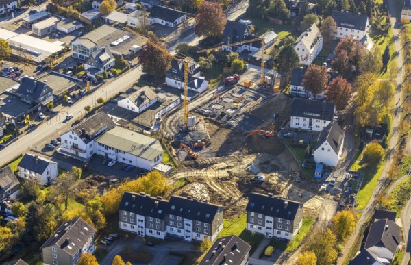 Aerial view, residential project Weitblick with the construction site Hohe Fohr in Schmallenberg, Sauerland, North Rhine-Westphalia, Germany, construction work, construction, construction area, building site, building plots, construction measure, construction project, construction site, DE, Europe, property tax, real estate, aerial view, aerial photography, aerial photography, new building, Schmallenberg, overview, bird's eye view, residential complex, living and living, residential area, residential buildings, residential quality, residential neighbourhood, residential estate, birds-eyes view, overview