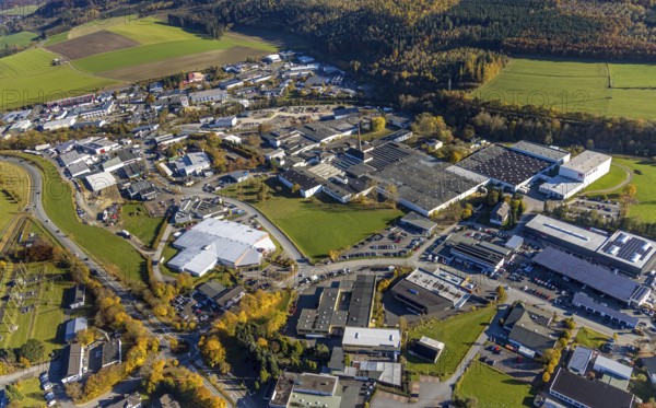 Aerial view, commercial area Auf der Lake in Schmallenberg, Sauerland, North Rhine-Westphalia, Germany, DE, Europe, commercial enterprises, commercial area, commercial park, commercial location, commercial use, industrial area, industrial location, aerial photograph, aerial photography, aerial photography, Schmallenberg, overview, bird's-eye view, birds-eyes view, overview