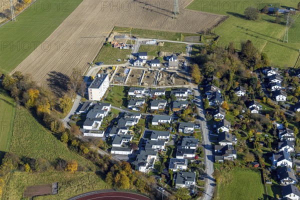 Aerial view, construction site and new construction of residential buildings on Breslauer Straße in Schmallenberg, Sauerland, North Rhine-Westphalia, Germany, construction work, construction area, building plots, construction project, construction site, DE, Europe, property tax, real estate, aerial view, aerial photography, aerial photography, new construction, Schmallenberg, overview, bird's eye view, residential complex, living and living, residential area, residential buildings, residential quality, residential neighbourhood, housing estate, birds-eyes view, overview