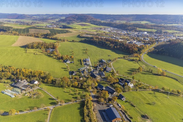 Aerial view, village Obringhausen in the district Wormbach in Schmallenberg, Sauerland, North Rhine-Westphalia, Germany, DE, Europe, aerial view, aerial photography, aerial photography, Schmallenberg, overview, bird's eye view, meadows and fields, birds-eyes view, overview