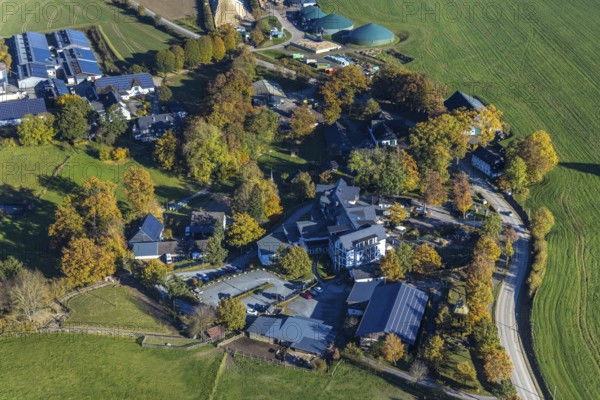 Aerial view, village Ebbinghof with family hotel Ebbinghof in the district Wormbach in Schmallenberg, Sauerland, North Rhine-Westphalia, Germany, biogas plant, DE, Europe, gastronomy, hotel, hotel facilities, hotel business, aerial photograph, aerial photography, aerial photography, Schmallenberg, overview, bird's-eye view, birds-eyes view, overview