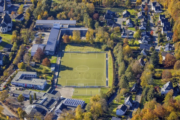 Aerial view, Städt. Special school Ruhraue Olsberg with sports field in the district Bigge in Olsberg, Sauerland, North Rhine-Westphalia, Germany, education, educational institution, DE, Europe, football pitch, football stadium, educational institute, aerial view, aerial photography, aerial photography, Olsberg, school, shooting hall, sports, sports facilities, sports field, sports facility, overview, bird's-eye view, bird's-eye view, overview