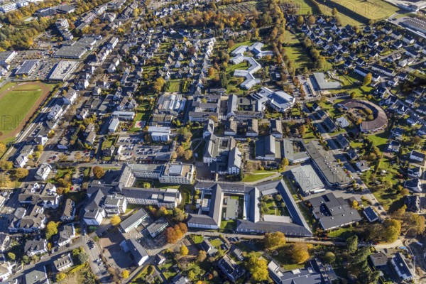 Aerial view, local view with Elisabeth-Klinik Bigge and vocational training centre Josefsheim in the district Bigge in Olsberg, Sauerland, North Rhine-Westphalia, Germany, education, DE, Europe, health care, hospital, clinic, clinic centre, hospital, hospital, aerial view, aerial photography, aerial photography, medical facility, medical aid, Olsberg, overview, bird's eye view, bird's eye view, overview, medical care