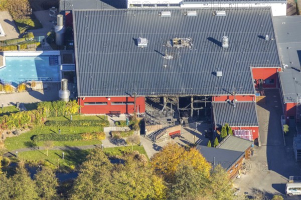 Aerial view, major fire damage at the Aqua Olsberg Sauerlandtherme in Olsberg, Sauerland, North Rhine-Westphalia, Germany, fire ruins, DE, Europe, aerial view, aerial photography, aerial photography, Olsberg, overview, bird's eye view, destruction, birds-eyes view, overview, destroyed building