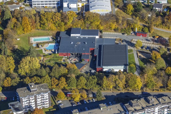 Aerial view, major fire damage at the Aqua Olsberg Sauerlandtherme in Olsberg, Sauerland, North Rhine-Westphalia, Germany, fire ruins, DE, Europe, aerial view, aerial photography, aerial photography, Olsberg, overview, bird's eye view, destruction, birds-eyes view, overview, destroyed building