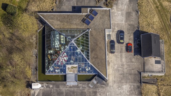 Aerial view, house with glass facade and pointed roof, Gevelinghausen, Olsberg, Sauerland, North Rhine-Westphalia, Germany, DE, Europe, storage room, aerial view, aerial photography, aerial photography, pointed roof, overview, bird's eye view, birds-eyes view, overview