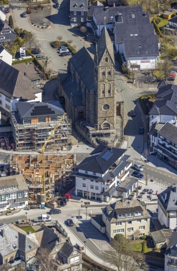 Aerial view, Construction site, New residential and commercial building Bahnhofstraße at the catholic parish church St. Nikolaus, Olsberg, Sauerland, North Rhine-Westphalia, Germany, place of worship, construction work, construction area, construction site, construction measure, construction project, construction site, DE, Europe, religious community, place of worship, property tax, real estate, capacity requirement, church, parish, denomination, aerial view, aerial photography, aerial photography, parish church, religion, overview, bird's eye view, living and working, living and life, residential area, birds-eyes view, overview