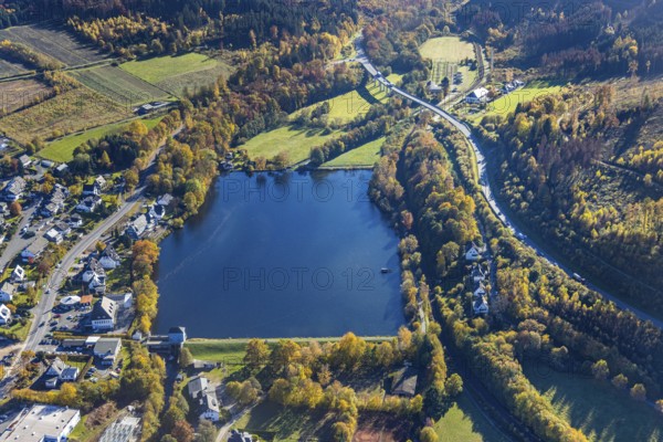 Aerial view, Olsberg reservoir with Ruhr river flow in Olsberg, Sauerland, North Rhine-Westphalia, Germany, DE, Europe, Ruhr river, hilly landscape, landscape conservation area, aerial view, aerial photography, aerial photography, nature reserve, Olsberg, lake, overview, bird's-eye view, overview