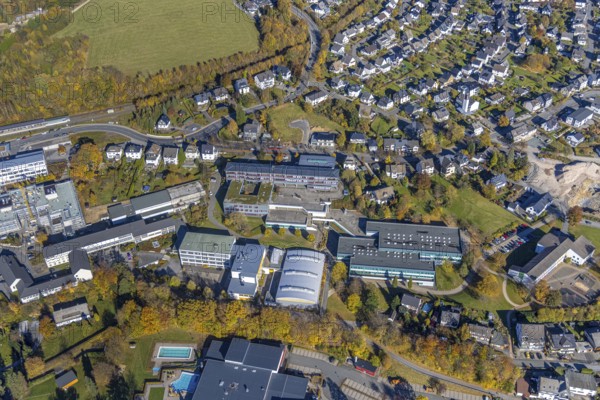 Aerial view, secondary school Olsberg and secondary school Olsberg-Bestwig and sports hall in Olsberg, Sauerland, North Rhine-Westphalia, Germany, education, educational institution, DE, Europe, educational institute, aerial view, aerial photography, aerial photography, Olsberg, secondary school, school, overview, bird's-eye view, overview