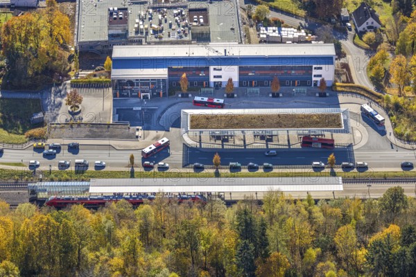 Aerial view, bus station and construction work at the vocational college Olsberg of the HSK in Olsberg, Sauerland, North Rhine-Westphalia, Germany, construction work, construction project, construction site, vocational college, vocational school, education, educational institution, bus station, bus stop, DE, Europe, educational institute, aerial view, aerial photography, aerial photography, Olsberg, bus station, school, overview, bird's eye view, ZOB, birds-eyes view, overview