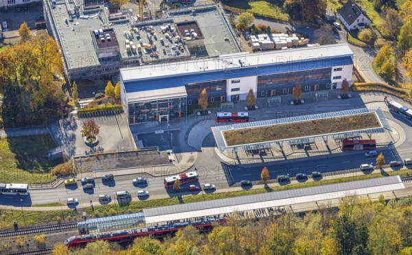 Aerial view, bus station and construction work at the vocational college Olsberg of the HSK in Olsberg, Sauerland, North Rhine-Westphalia, Germany, construction work, construction project, construction site, vocational college, vocational school, education, educational institution, bus station, bus stop, DE, Europe, educational institute, aerial view, aerial photography, aerial photography, Olsberg, bus station, school, overview, bird's eye view, ZOB, birds-eyes view, overview