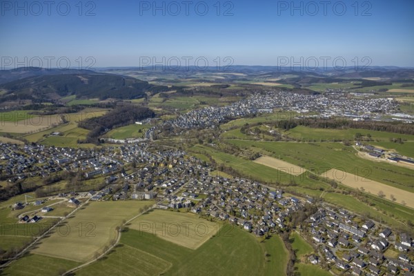 Aerial view, local view, new cemetery, spa gardens, farm Hof Ax, Schmallenberg, Sauerland, North Rhine-Westphalia, Germany, farm, DE, Europe, distant view, agriculture, agricultural business, aerial view, aerial photography, aerial photography, overview, bird's-eye view, living and life, birds-eyes view, overview