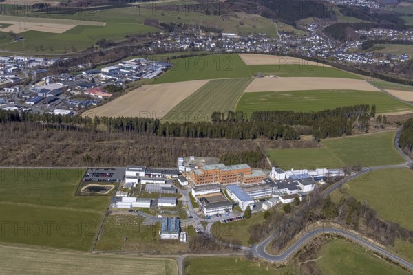 Aerial view, new laboratory building on the premises of the Fraunhofer Institute for Molecular Biology and Applied Ecology, Grafschaft, Schmallenberg, Sauerland, North Rhine-Westphalia, Germany, construction area, construction site, construction measure, construction project, construction site, DE, Europe, research facilities, research institute, aerial photograph, aerial photography, aerial photography, new building, overview, bird's-eye view, overview