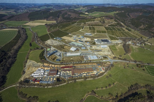 Aerial view, industrial park Hochsauerland, federal road B511, Wormbach, Schmallenberg, Sauerland, North Rhine-Westphalia, Germany, Bettenkamp, DE, Dickel-Holz GmbH, Europe, commercial enterprises, commercial area, commercial park, commercial location, commercial use, industrial area, industrial building, industrial location, aerial photograph, aerial photography, aerial photography, overview, bird's-eye view, bird's-eye view, overview