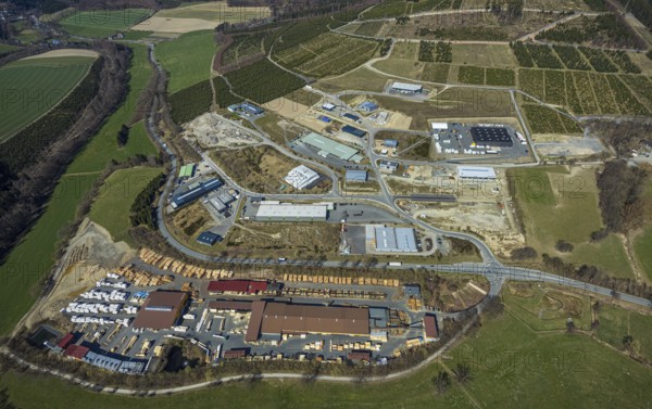 Aerial view, industrial park Hochsauerland, federal road B511, Wormbach, Schmallenberg, Sauerland, North Rhine-Westphalia, Germany, Bettenkamp, DE, Dickel-Holz GmbH, Europe, commercial enterprises, commercial area, commercial park, commercial location, commercial use, industrial area, industrial building, industrial location, aerial photograph, aerial photography, aerial photography, overview, bird's-eye view, bird's-eye view, overview