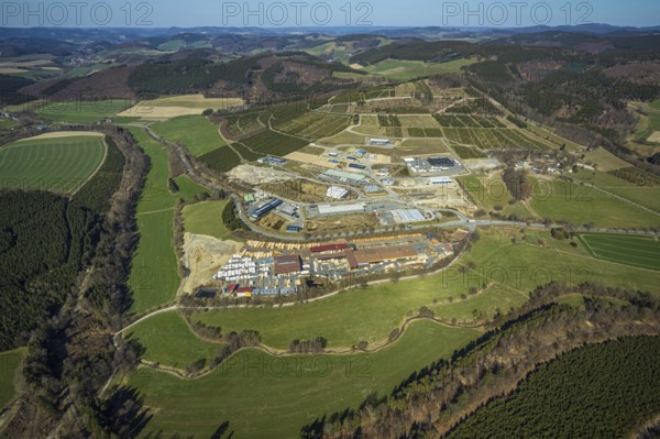 Aerial view, industrial park Hochsauerland, federal road B511, Wormbach, Schmallenberg, Sauerland, North Rhine-Westphalia, Germany, Bettenkamp, DE, Dickel-Holz GmbH, Europe, commercial enterprises, commercial area, commercial park, commercial location, commercial use, industrial area, industrial building, industrial location, aerial photograph, aerial photography, aerial photography, overview, bird's-eye view, bird's-eye view, overview