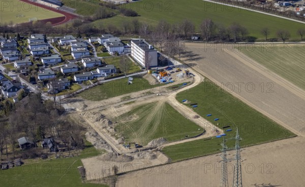 Aerial view, construction site, construction area Altes Feld II, Breslauer Straße, Schmallenberg, Sauerland, North Rhine-Westphalia, Germany, construction area, construction site, building plots, construction project, construction site, DE, Europe, property tax, real estate, aerial view, aerial photography, aerial photography, overview, bird's-eye view, residential area, housing and living, residential area, residential buildings, residential quality, residential neighbourhood, housing estate, birds-eyes view, overview