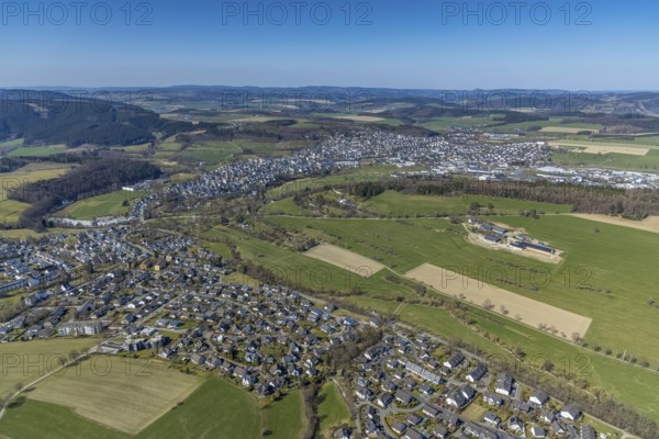 Aerial view, local view, new cemetery, spa gardens, farm Hof Ax, Schmallenberg, Sauerland, North Rhine-Westphalia, Germany, farm, DE, Europe, distant view, agriculture, agricultural business, aerial view, aerial photography, aerial photography, overview, bird's-eye view, living and life, birds-eyes view, overview