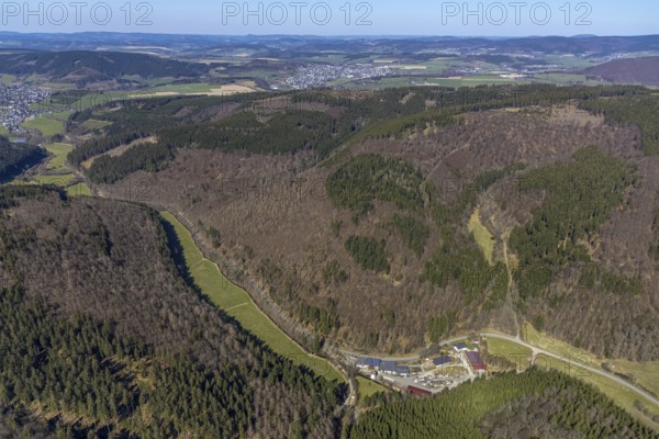 Aerial view, Mountains and valleys Waidmannsruh, Sawmill Gebr. Coal, Schmallenberg, Sauerland, North Rhine-Westphalia, Germany, DE, Europe, distant view, commercial enterprises, commercial area, commercial site, commercial use, hilly landscape, industrial area, industrial site, aerial view, aerial photography, aerial photography, mixed forest, photovoltaic, photovoltaic plant, solar, solar plant, solar energy, solar energy, overview, bird's-eye view, forest, forest area, living and life, quality of life, birds-eyes view, overview