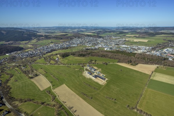 Aerial view, local view, new cemetery, spa gardens, farm Hof Ax, Schmallenberg, Sauerland, North Rhine-Westphalia, Germany, farm, DE, Europe, distant view, agriculture, agricultural business, aerial view, aerial photography, aerial photography, overview, bird's-eye view, living and life, birds-eyes view, overview