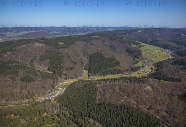 Aerial view, Mountains and valleys Waidmannsruh, Sawmill Gebr. Coal, living and living in Latrop, Schmallenberg, Sauerland, North Rhine-Westphalia, Germany, DE, Europe, distant view, commercial enterprises, commercial area, commercial area, commercial location, commercial use, property tax, hilly landscape, real estate, industrial area, industrial location, aerial view, aerial photography, aerial photography, mixed forest, photovoltaic, photovoltaic system, solar, solar system, solar energy, solar energy, overview, bird's-eye view, forest, forest area, living and life, residential buildings, quality of life, birds-eyes view, overview