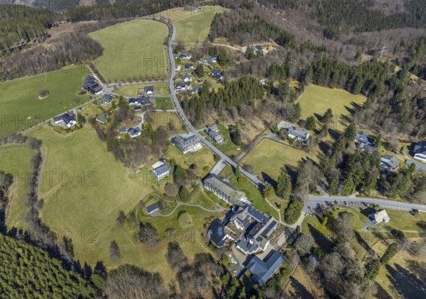 Aerial photo, Hotel Jagdhaus Wiese, hunting lodge, Schmallenberg, Sauerland, North Rhine-Westphalia, Germany, DE, Europe, inn, gastronomy, hotel, hotel facilities, hotel business, aerial photograph, aerial photography, aerial photography, resort, overview, bird's-eye view, overview