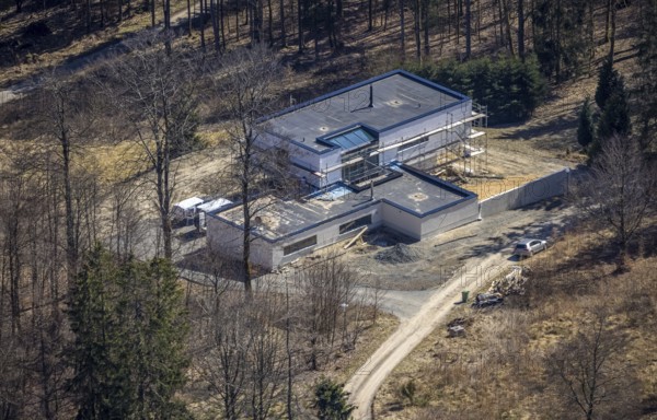 Aerial view, construction site renovation Jagdhaus No. 11, Schmallenberg, Sauerland, North Rhine-Westphalia, Germany, construction work, construction area, building site, building plots, construction project, construction site, DE, Europe, aerial view, aerial photography, aerial photography, renovation, renovation, overview, bird's-eye view, overview