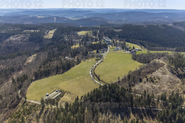 Aerial view, Landesleistungszentrum Biathlon Jagdhaus e.V. 82, forest damage and tree mortality, hunting lodge, Schmallenberg, Sauerland, North Rhine-Westphalia, Germany, tree mortality, DE, Europe, distant view, aerial view, aerial photography, aerial photography, overview, bird's-eye view, forest, forest area, forest damage, forest mortality, birds-eyes view, overview
