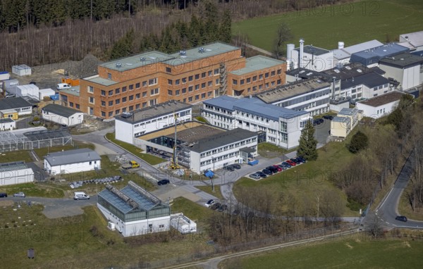 Aerial view, new laboratory building on the premises of the Fraunhofer Institute for Molecular Biology and Applied Ecology, Grafschaft, Schmallenberg, Sauerland, North Rhine-Westphalia, Germany, construction area, construction site, construction measure, construction project, construction site, DE, Europe, research facilities, research institute, aerial photograph, aerial photography, aerial photography, new building, overview, bird's-eye view, overview