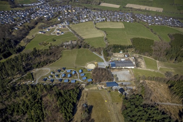 Aerial view, mountain village LiebesGrün and youth hostel, Schmallenberg, Sauerland, North Rhine-Westphalia, Germany, mountain chalets, mountain huts, DE, Europe, hostel, Lenninghof, aerial view, aerial photography, aerial photography, Rai training centre Sauerland, riding school, overview, holiday area, bird's eye view, birds-eyes view, overview, overnight stay
