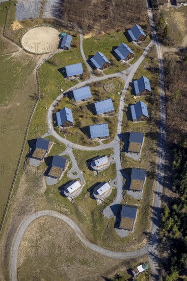 Aerial view, mountain village LiebesGrün, Schmallenberg, Sauerland, North Rhine-Westphalia, Germany, mountain chalets, mountain huts, DE, Europe, Lenninghof, aerial view, aerial photography, aerial photography, overview, holiday area, bird's eye view, birds-eyes view, overview, overnight stay